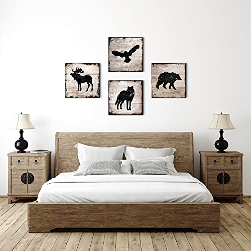 Bear Decorations for Cabin Wild Animal Silhouette Bathroom Canvas Wall Art Decor Elk Wolf Eagle Woodland Nursery Prints Painting 20 x 20 Inch Wood Texture Background Living Room Kids Pictures 4 Panels - color: Animal, size: 20"L x 20"W