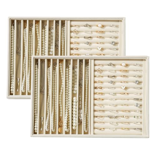 Large Velvet Jewelry Tray 2 Pack Stackable Jewelry Display Drawer Inserts Trays Organizer for Earring Bracelet Necklace Ring (Beige, Ring and 9 Grids) - color: Beige, size: Ring and 9 Grids