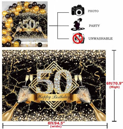 Sensfun Happy 50th Birthday Backdrop - Black Gold Marble Texture Glitter Diamonds Fabulous 50th Birthday Photography Background Supplies Photo Props 8x6ft - size: 8x6ft