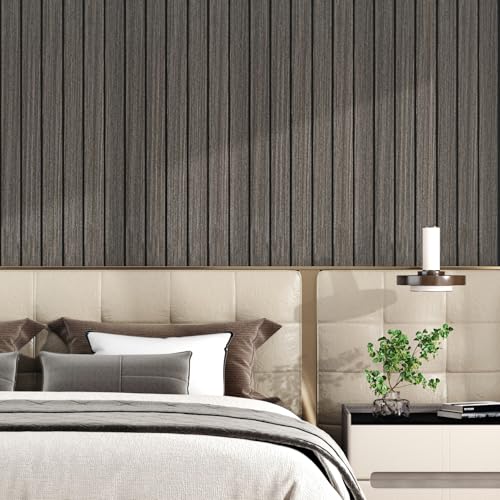 Wood Wall Panels Dark Brown 3D Acoustic Slat Wall Paneling Peel and Stick Vertical Self Adhesive Faux Wood Grain Contact Paper Soundproof Wooden Panel for Bedroom TV Background Interior - size: 11.8"x118"