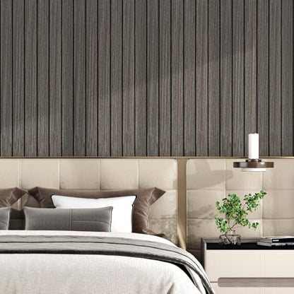 Wood Wall Panels Dark Brown 3D Acoustic Slat Wall Paneling Peel and Stick Vertical Self Adhesive Faux Wood Grain Contact Paper Soundproof Wooden Panel for Bedroom TV Background Interior - size: 11.8"x118"