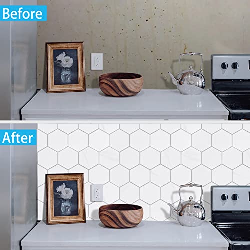 New Upgrade Premium Hexagon Peel and Stick Tile Backsplash, White Waterproof Stick on Backsplash, Self-Adhesive Marble Tiles for Kitchen,Bathroom and Bedroom，10-Sheet. - color: White
