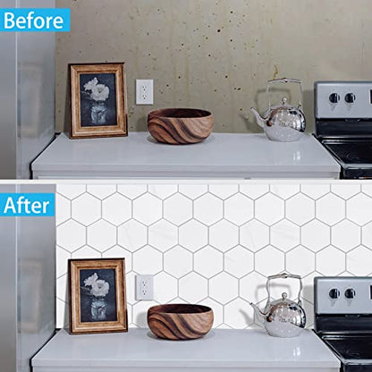 New Upgrade Premium Hexagon Peel and Stick Tile Backsplash, White Waterproof Stick on Backsplash, Self-Adhesive Marble Tiles for Kitchen,Bathroom and Bedroom，10-Sheet. - color: White