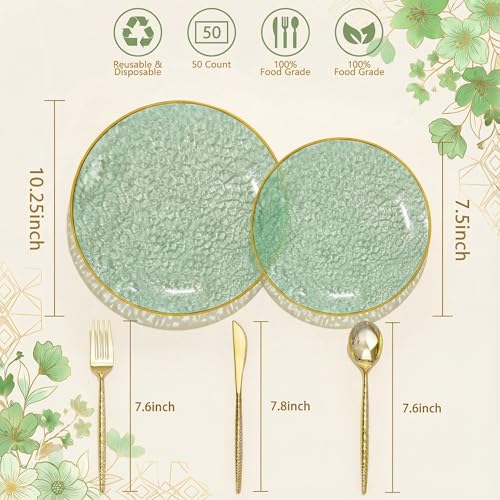 I00000 150Pcs Clear Green Plastic Plates with Gold Rim,Green Disposable Plates,Clear hammer patterned plates Set include 30 Dinner Plate,30 Dessert Plate,90 plastic Silverware Set for Party - color: Clear Green