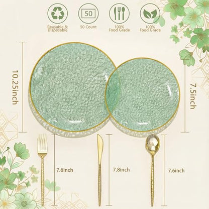 I00000 150Pcs Clear Green Plastic Plates with Gold Rim,Green Disposable Plates,Clear hammer patterned plates Set include 30 Dinner Plate,30 Dessert Plate,90 plastic Silverware Set for Party - color: Clear Green