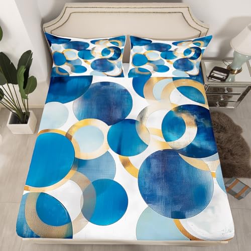 Erosebridal Blue and Gold Queen Bed Sheets Contemporary Decoration Fitted Sheet,Minimalist Stylish Kids Bedding Sets Modern Abstract Sheets with 2 Pillowcases - color: White Blue Gold, size: Queen(No Top Sheet)
