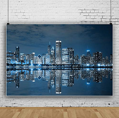 8x6ft Skyline City Night Landscape Photography Backdrop Business Modern City Chicago Downtown Night Background for Party Decoration Birthday Kids Boy Photoshoot Photo Background Props