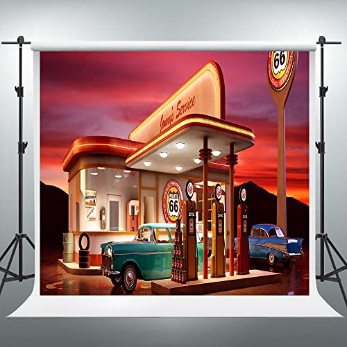 50s Backdrop for Bathday Party Route 66 Gas Station Vintage Car Photography Background 8x8ft Party Decor Banner Photo Studio Photography Props BJXPVV5 - size: 8x8 FT