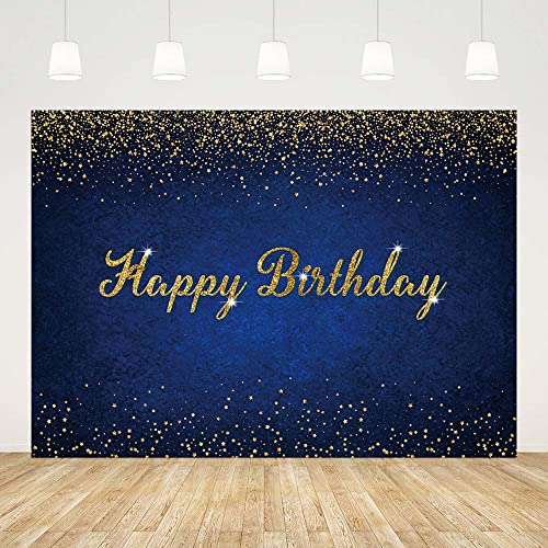AIBIIN 7x5ft Dark Blue Birthday Backdrop Happy Birthday Background Banner Dark Blue Gold Dots Photography Background Blue Birthday Party Decorations Banner - color: Dark Blue, size: 7X5ft