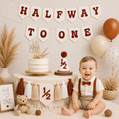 1/2 Birthday Brown Half Birthday Decorations - White Brown It's My 1/2 Birth Banner Glitter Cake Topper Tassel Wood Bead High Chair Banner & Cone, Hat Halfway to One Party Supplies - color: Brown