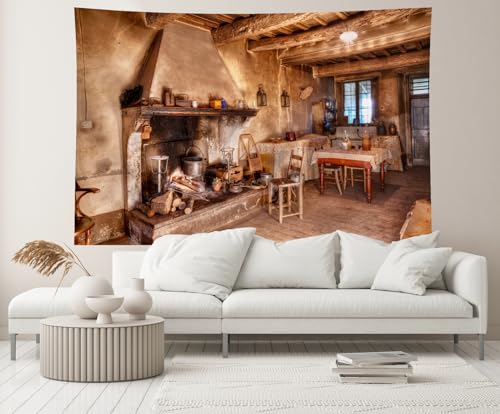 6x4ft Old Farmhouse Kitchen Backdrop Western Old Wooden House Kitchen Interior Rustic Background Rural Farmhouse Fireplace Cooking Background Farmers Cowboys Portrait Photo Props - size: 6x4ft