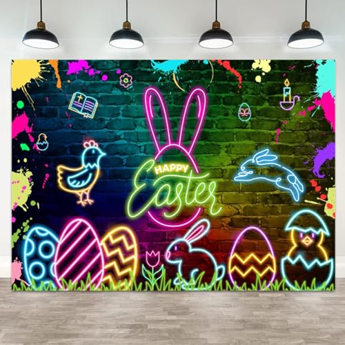 5x3ft Happy Easter Backdrop Neon Bunny Chick Eggs Brick Wall Background Easter Party Decorations Spring Neon Theme Banner Holiday Party Supplies - color: color 12, size: 5x3ft