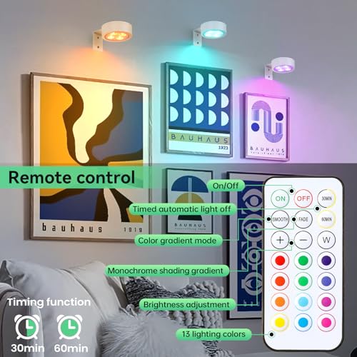 2Pcs Picture Lights for Wall, 13 Color RGB Magnetic Led Art Display Light for Picture Frame, Wireless Battery Operated Painting Light with Remote Control, Party Home Wall Decor Puck Lights, White - color: White RGB 2 Pack