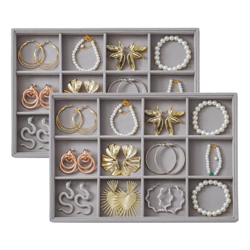 Large Velvet Jewelry Tray 2 Pack Stackable Jewelry Display Drawer Inserts Trays Organizer for Earring Bracelet Necklace Ring (Gray, 12 Grids) - color: Gray, size: 12 Grids