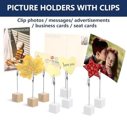 24PCS Wooden Cube Memo Holders with Alligator Clips Table Number Stands, Cube Base Memo Clip Holder Photo and Card Display Clips for Wedding, Event, Office Desk Use (White) - color: White