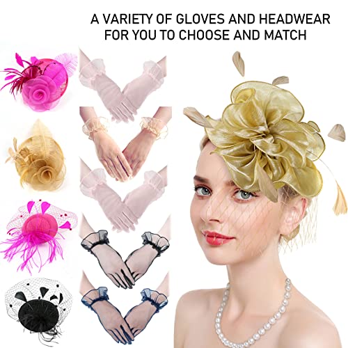 Fascinators Hats with Gloves Set for Women 20s 50s Cocktail Tea Party Wedding Costume Headwear - color: A-yellow