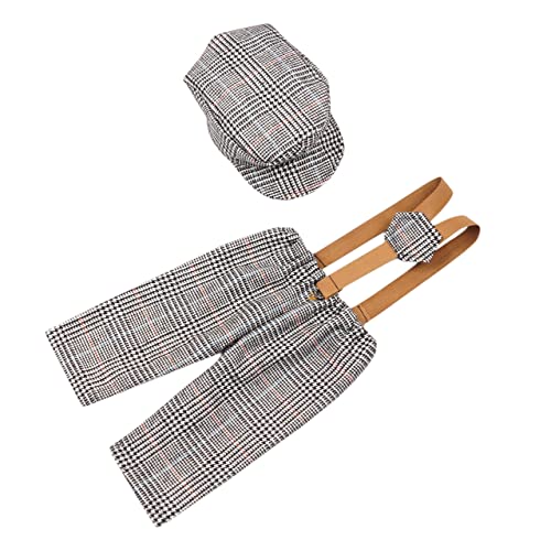 Newborn Monthly Baby Photo Props Stripe Checked Flat Cap Newsboy Suspender Pants Romper for Photography Outfits - color: Middle Gray