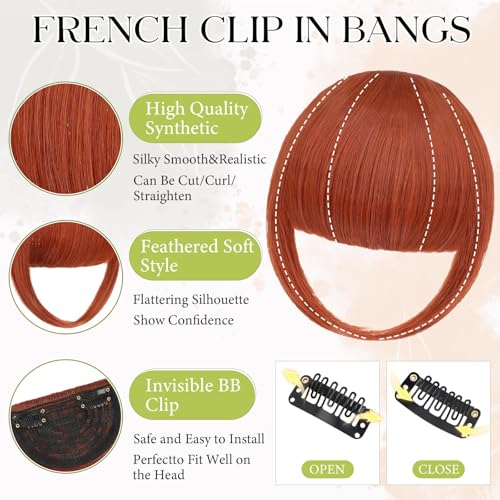 Bangs Hair Clip in Bangs, French Copper Red Fake Bangs Hair Clip on Bangs for Women Fringe with Temples Hairpieces Faux Bangs for Daily Wear - color: Copper Red
