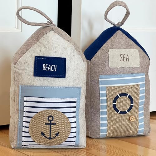 Coastal Cabana Soft Door Stops, Jute, Cotton, Loop Tops, Weighted, 11.75 Inches, House Shaped with Anchor and Lifesaver Fabric Embellishments - color: Coastal Cabana Soft Door Stops, Blue and Beige