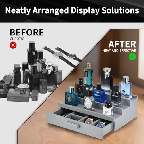 Perfume Organizer for Men, 3 Tier Wood Perfume Display Stand with Velvet Lining Drawer and Hidden Compartment for Watch,Jewelry,Perfume Display Risers,A Gift for Men (Gray) - style: 3 Tier - Grey