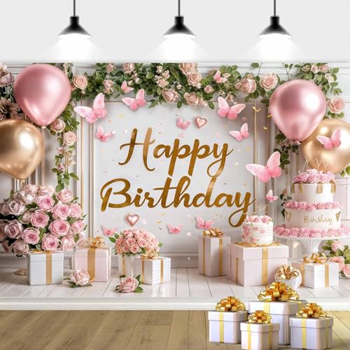 6X4FT Pink Birthday Photography Backdrop Rose Flower Butterfly Balloons Background Women Girl Photo Backdrop Party Decorations Newborn Baby Shower Party Cake Table Banner Photo Studio Props - color: Pink, size: 6X4FT