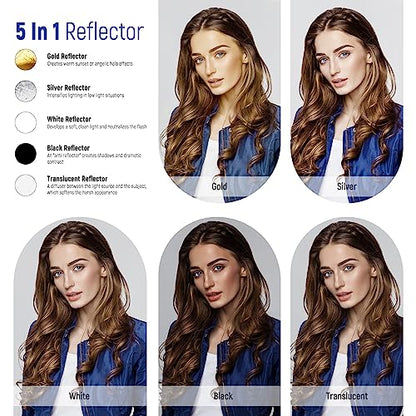NEEWER 12"/30cm Light Reflector Light Diffuser 5 in 1 Collapsible Multi Disc with Bag - Translucent, Silver, Gold, White, and Black for Photography - size: 30cm