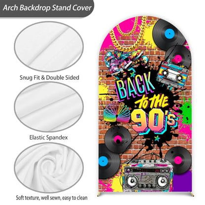 90'S Arch Backdrop Stand Cover 7.2ft Hip Hop Graffiti Brick Wall Retro Radio Fashion Birthday Photography Background Back to Party Arch Cover Fabric 2-Sided Round Top Backdrop Covers - color: 90's, size: 7.2FT
