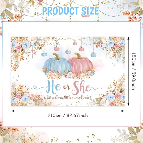 AIBIIN Pumpkin Gender Reveal Backdrop He or She What Will Our Little Pumpkin Be Photography Background Blue Pink Pumpkin Floral Fall Gender Reveal Party Decorations Photo Booth Props 84 x 60 inch - color: Blue Pink 2, size: 84x60inch