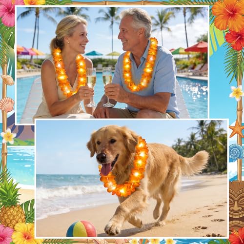 Sherr 24 Pcs LED Orange Leis Light up Wedding Hawaiian Leis Flower Necklace with LED Lights Beach Tropical Carnival Party Wedding Supplies Luau for Masquerade - color: Vibrant Orange