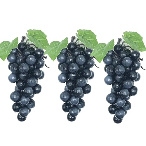 Featuman 3 Bunches Artificial Grapes Fake Fruit, 7 Inch Decorative Fruit Lifelike Grapes for Craft, Plastic Fruit for Party Kitchen Pub Wedding Sukkot Wine Decor Fruit Display (36 Grains Black) - color: Black Grape & 36