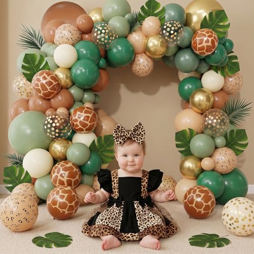 Sage Green Brown Balloons, 60 Packs 12 inch Olive Green Gold Safari Balloons with Animal Print Balloons for Wild One Jungle Baby Shower Boys Hunting Tropical Woodland Birthday Party - color: Green Brown Gold