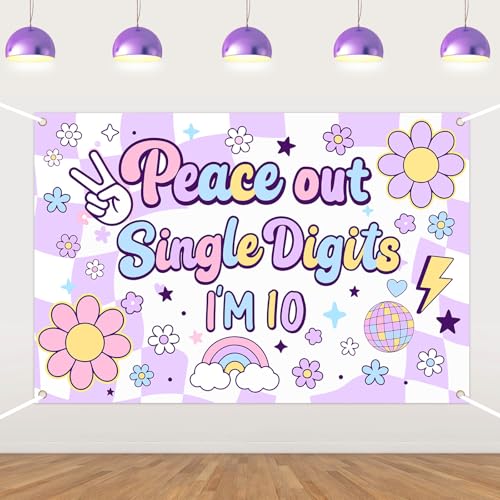 Peace Out Single Digits Party Decoration Backdrop Purple Peace Out Single Digits I'm 10 Boho Hippie 10 Years Banner Groovy 10th Birthday Decor for Girls Daisy Groovy Tenth Bday Photo Props 5 * 3ft
