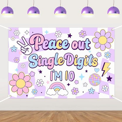 Peace Out Single Digits Party Decoration Backdrop Purple Peace Out Single Digits I'm 10 Boho Hippie 10 Years Banner Groovy 10th Birthday Decor for Girls Daisy Groovy Tenth Bday Photo Props 5 * 3ft