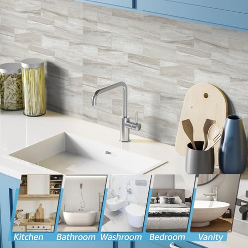 Art3d 102-Piece Faux Stone Peel and Stick Backsplash Tile, Waterproof Thick PVC Stick On Subway Wall Tile for Kitchen Bathroom Laundry Room Fireplace - 3" x 6" Biege Marble - color: Biege Marble