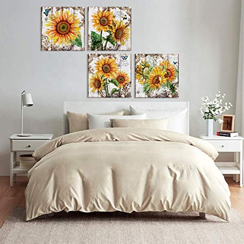 Farmhouse Sunflower Wall Art Bathroom Decor Sunflower Pictures for Kitchen Bedroom Vintage Yellow Flower Painting Canvas Prints Floral Botanical Posters Artwork Living Room Home Decoration 12x12" 4Pcs - color: Sunflower, size: 12"l X 12"w