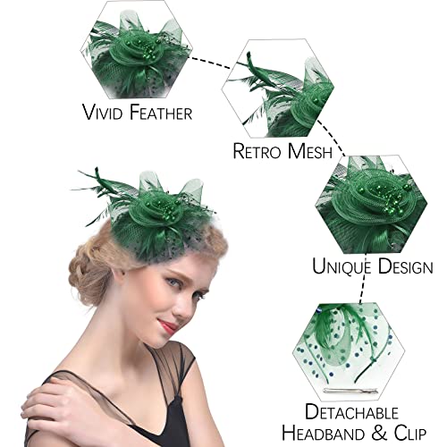 Fascinators Hats with Gloves Set for Women 20s 50s Cocktail Tea Party Wedding Costume Headwear - color: B-blackish Green