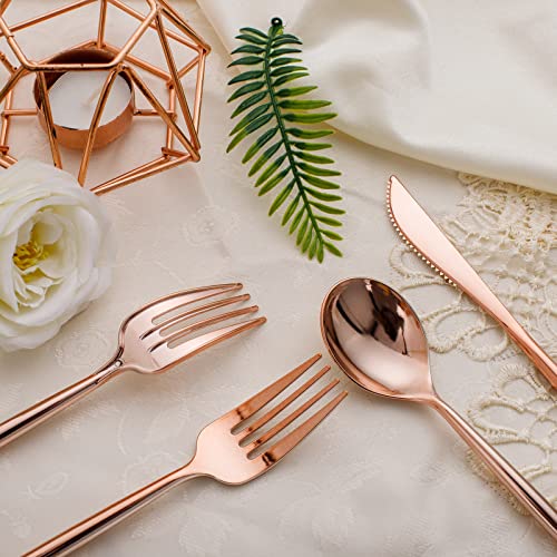 SUT 150Pcs Rose Gold Plastic Silverware, Disposable Cutlery Set, Heavy Duty Plastic Flatware Set，Disposable Rose Gold Utensils Include 50 Forks,50 Spoons, 50 Knives Perfect for Party - style: Rose gold