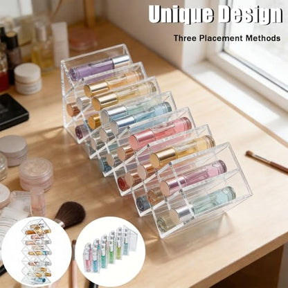 16-Slot Rollerball Perfume Organizer, Clear Acrylic Perfume Holder – Rollerball & Lipsticks Display Stand for Vanity, Countertop & Drawer – Beauty Storage with Anti-Tumble Design