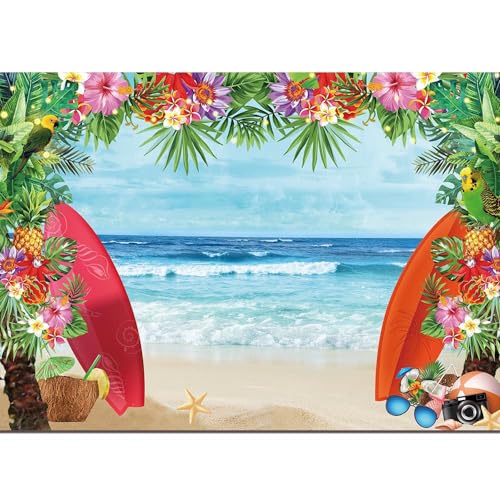 HQM 10X8FT Summer Tropical Beach Theme Photo Background Beach Conch Hawaii Blue Sea Flower Children Birthday Luau Party Photography Backdrop Cake Table Decor Supplie - size: 10x8 FT