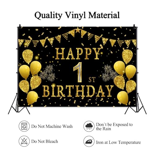 9x6ft Happy 1st Birthday Party Photography Backdrop, Glitter Black and Gold Balloons Background for Girl Goy First Bday Shining Diamond 1st Years Old Birthday Party Supplies - color: 1st, size: 9x6ft
