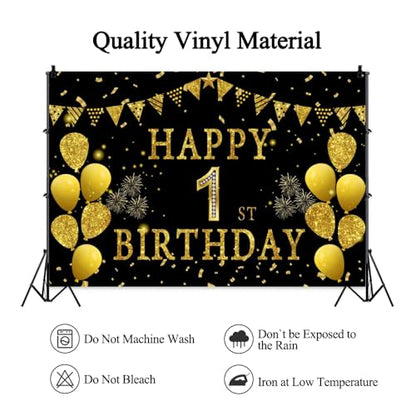 9x6ft Happy 1st Birthday Party Photography Backdrop, Glitter Black and Gold Balloons Background for Girl Goy First Bday Shining Diamond 1st Years Old Birthday Party Supplies - color: 1st, size: 9x6ft