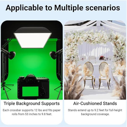 Raya Triple Crossbar Background System – Supports up to 3 Seamless Paper Rolls, Holds 9.8 ft Wide Backdrops, Adjustable 9.2 ft Height, Aluminum, 12 lb Capacity per Crossbar