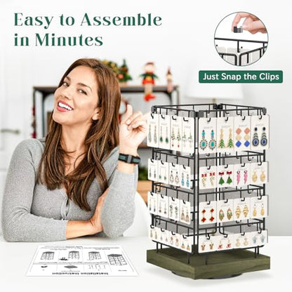 EsLuker.ly Rotating Earring Display Holder Stand for Vendors Events Selling, Large Capacity 64 Hooks Jewelry Rack with Wooden Base for Earring Card Sales, Enhances Retail Visibility(Rustic Gray) - color: Rustic Gray+Black