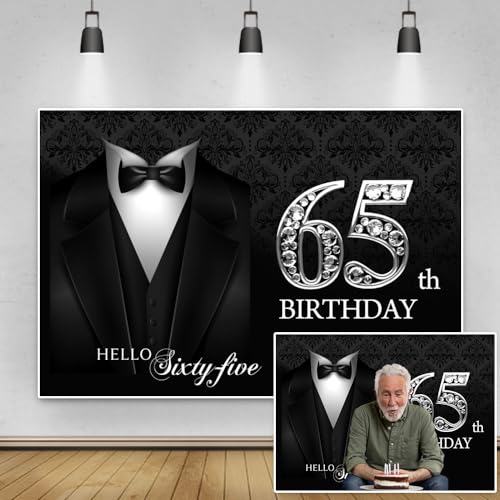 5x3ft Happy 65th Birthday Backdrop Gentleman Black Tuxedo Suit Necktie Hello Sixty Five Photography Background for Men Father Grandpa Birthday Party Decorations Cake Table Banner Vinyl - color: black silver 65, size: 5x3ft
