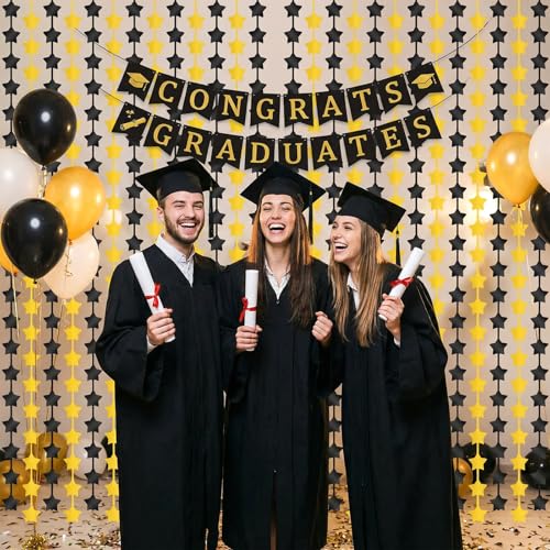 2 Pack Black Gold Star Foil Fringe Curtains Backdrop Streamers 3.3×6.6ft Birthday Party Decorations Photo Booth Props for Birthday Graduation Party Supplies
