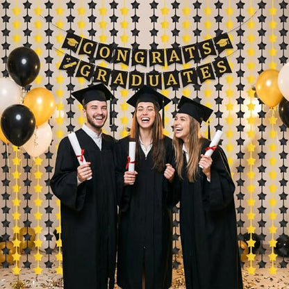 2 Pack Black Gold Star Foil Fringe Curtains Backdrop Streamers 3.3×6.6ft Birthday Party Decorations Photo Booth Props for Birthday Graduation Party Supplies