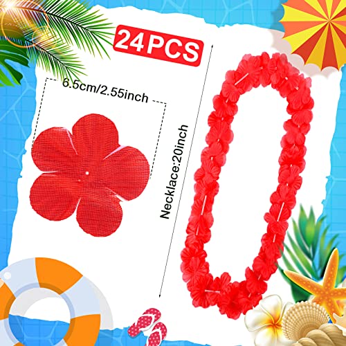 Hoteam 24 Counts Red Hawaiian Leis Necklace Tropical Flower Lei Floral Luau Party Decorations Hawaiian Flower Luau Necklaces Hula Dance Garland Headbands for Beach Birthday Wedding Party Favors - color: Red