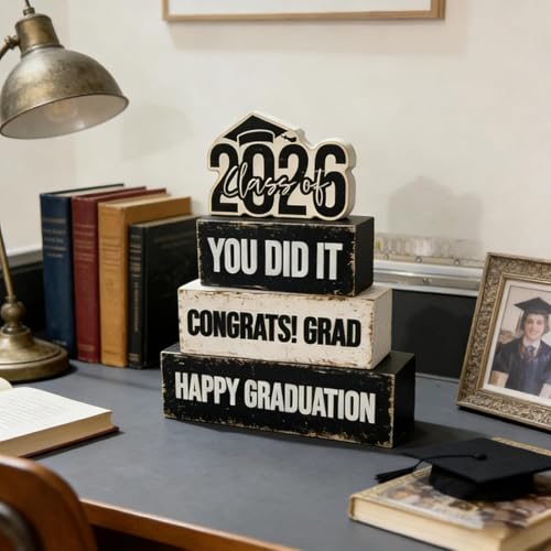 4 Pcs Class of 2026 Graduation Wooden Table Sign Tiered Tray Decor Wood Congrats Grad Table Centerpiece Block Signs You Did It Rustic Photo Props for Home Kitchen Shelf Display Farmhouse Congratulate