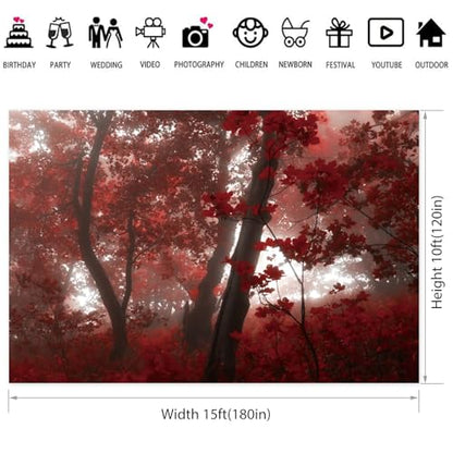 15x10ft Fall Maple Leaves Backdrop Autumn Scenery Misty Red Maple Forest Photography Background Natural Landscape Maple Trees Thanksgiving Party Kids Adults Travel Decor Banner Photo Props - size: 15x10ft