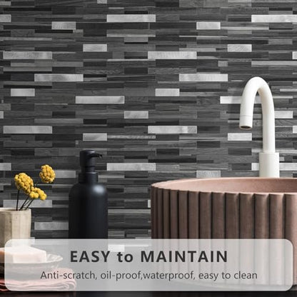STICKGOO Peel and Stick Backsplash Tile, Stick on Backsplash for Kitchen and Bathroom, Black Grey Wood Look PVC Mixed Metal Silver Self Adhesive Wall Tiles(10 Sheets) - color: Black Grey with Metal Silver